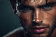 © ALL YOU NEED studio - A close-up portrait of a handsome man’s face with wet hair and water droplets running down his skin. His jawline is sharp and defined, and his intense gaze looks directly at the camera.