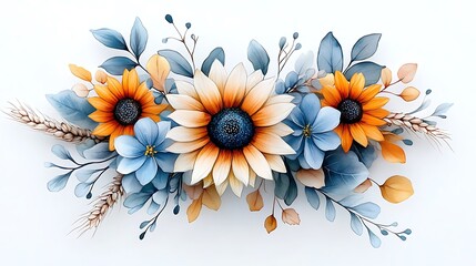 Wall Mural - Elegant Watercolor Sunflowers and Blue Flowers Arrangement