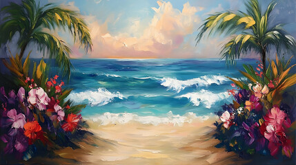 Wall Mural - Tropical beach scene with palm trees, flowers, and ocean waves at sunset.