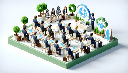 Sticker - 3D Corporate training on environmental responsibility concept as Employees attending a workshop or seminar focused on corporate environmental responsibility highlighting best practices and sustainable