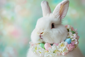 Wall Mural - A close-up shot of a fluffy white bunny wearing a colorful Easter wreath around its neck, made of fresh spring flowers and small pastel-colored Easter eggs. The bunny looks calm and curious 