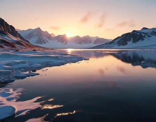 Wall Mural - the surface of the lake reflecting the pale light of the arctic sun , arctic, windy, sky