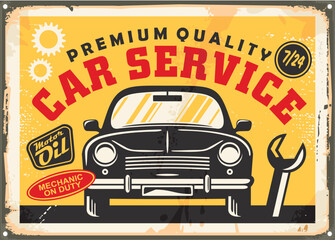 Wall Mural - Car service retro style sign design with classic car graphic on old metal background. Transportation vector illustration.