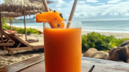 Tropical Papaya Smoothie on a Beach. Papaya cocktail in a glass.