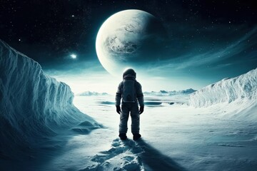 Wall Mural - An astronaut explores a snowy planet reminiscent of Antarctica.