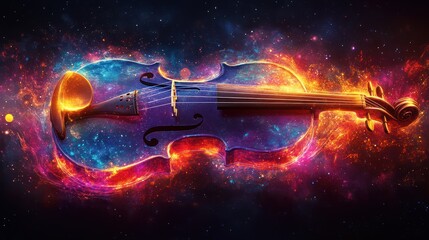 Wall Mural - Fiery cosmic violin engulfed in flames and nebula.