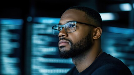 Portrait of a focused man wearing glasses in front of glowing computer monitors.