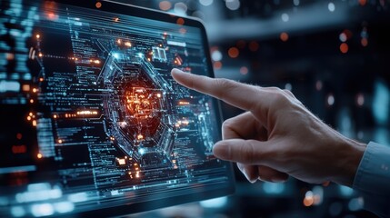 Hand pointing at a glowing digital interface on a futuristic touch screen with blue and orange elements.