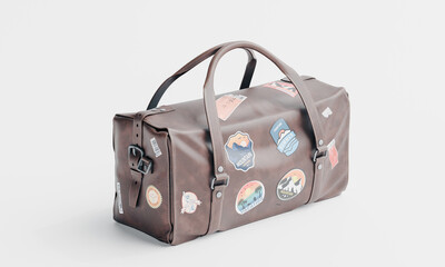 3d render of isolated old vintage travel luggage duffel bag with stickers