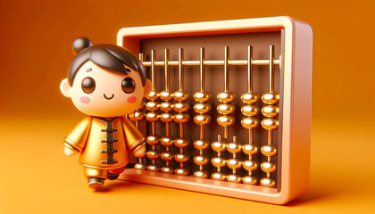 Wall Mural - 3D Plain orange background featuring a gold Chinese abacus and copy space to the left. concept as A plain orange backdrop showcasing a gold Chinese abacus symbolizing calculation and prosperity with a