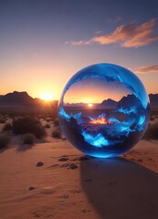 Wall Mural - blue flames encircle a glowing blue orb as it floats above a desert landscape at sunset, desert, ser