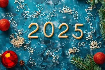 Pasta macaroni 2025 numbers, noodles new year greeting card, spaghetti celebrate banner, pasta eve poster