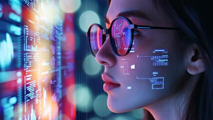 woman working computer code, developing software in office digital interfaces with data overlaying her face banner. UX coding, big data analytics, artificial intelligence, technology, and innovation