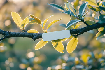 Wall Mural - Blank tag on tree branch with vibrant green leaves in sunlight.