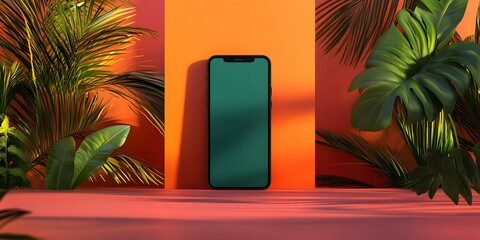 Wall Mural - Tropical Leaves Background with Mockup Phone