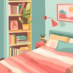 Wall Mural - Cozy Bedroom Interior Design with Bookshelf and Plants