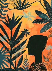 Wall Mural - Woman Silhouette Tropical Leaves Background