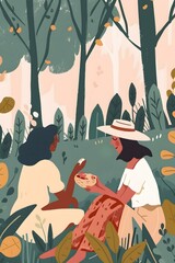 Wall Mural - Two Women Enjoying A Picnic In The Woods