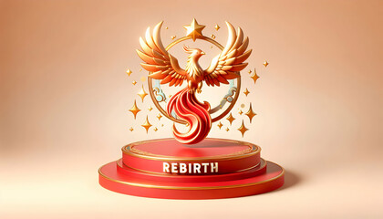 Wall Mural - 3D Red podium with golden phoenix and Rebirth wording ample copy space above. concept as A static shot featuring a red podium adorned with a golden phoenix and the word Rebirth in stylish script. The 