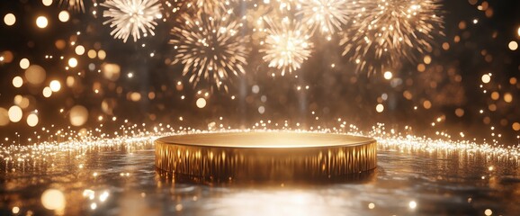 Wall Mural - A golden podium with fireworks in the background, creating an atmosphere of celebration