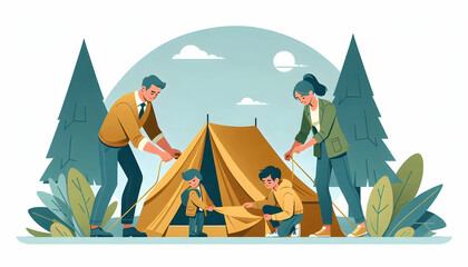 Sticker - Family Setting Up Tent Camping Teamwork Candid Shot Nature Reserve Vector Illustration with Copy Space