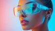 © Andrii Savchuk - Stylish woman in futuristic pink and blue reflective sunglasses