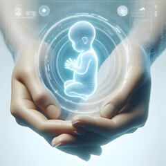 Sticker - 3D Close up of mother and baby holding hands with a holographic interface in the background concept as A macro shot of a mother and baby hands gently touching with a futuristic holographic interface i