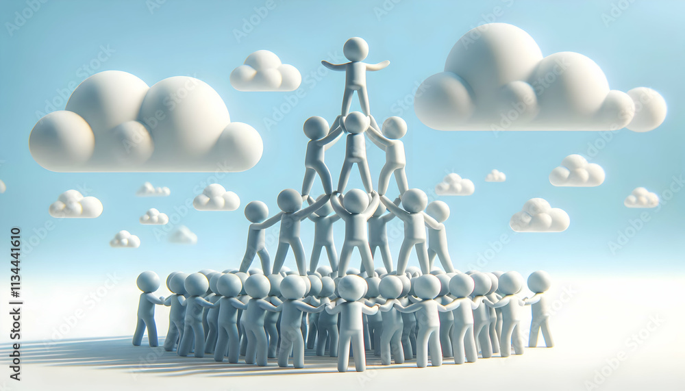3D Soft abstract image of group forming a human pyramid with blue sky ...