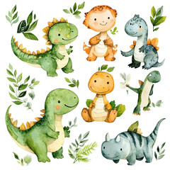  Adorable Watercolor Dinosaurs in a Lush Green Setting