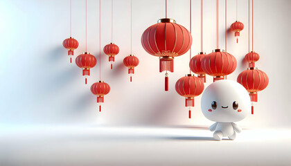 Wall Mural - 3D Plain white background featuring red Chinese lanterns with copy space on the right. concept as A minimalistic white backdrop showcasing red Chinese lanterns hanging gracefully symbolizing joy and f