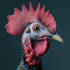 Detailed close-up portrait of a turkey in a studio, showcasing its vibrant plumage and expressive features in professional animal photography