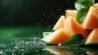 © familymedia - Water droplets surround cantaloupe chunks adorned with fresh mint leaves, symbolizing crisp refreshment, vigor, and a refreshing burst of nature’s flavors.