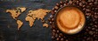 © typepng - A coffee cup displaying a world map design in its foam, surrounded by roasted coffee beans, embodying worldwide coffee culture.