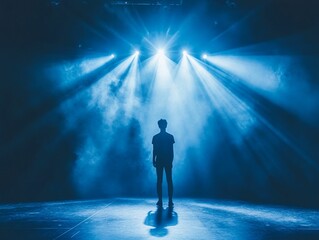 Poster - Silhouette stands stage; blue lights, smoke.