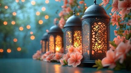 Wall Mural - Illuminated lanterns and blossoms.