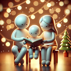 Sticker - 3D Family reading together bokeh light background with copy space concept as A quiet moment of a family reading together under bokeh lights. The scene captures the peaceful joy of family connection le