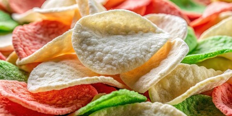 Wall Mural - Close-up of fresh krupuk (prawn crackers) with a variety of textures and colors, krupuk, prawn crackers, snack, food