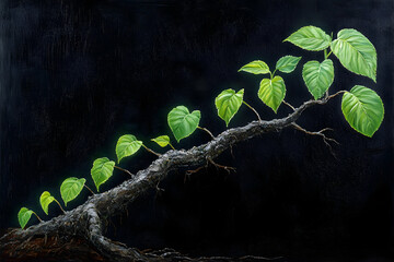 Wall Mural - Painting of a branch with new leaves growing, dark background.