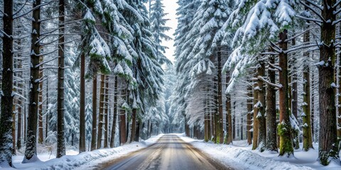 Wall Mural - Snow-covered forest road with tall trees on either side, winter landscape, forest, road, snow, trees, snowy, cold, frosty