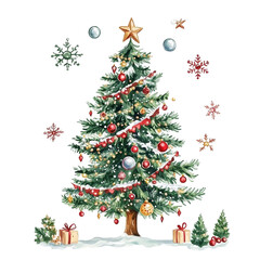a festive christmas tree decorated with ornaments and snow
