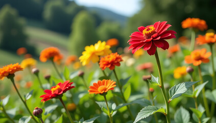 summer flowers bloom gardens featuring red yellow green hues amidst natural scenery serene outdoor