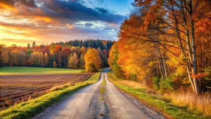 Wall Mural - Country road between a forest and a field on an autumn evening , nature, scenic, rural, landscape, road, trees, field