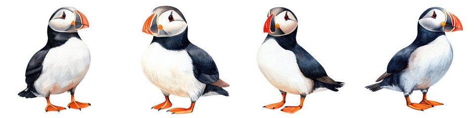 Serene and charming cartoon of an arctic puffin bird element  featuring the distinctive colorful beak and plumage of this seabird species found in the northern coastal regions