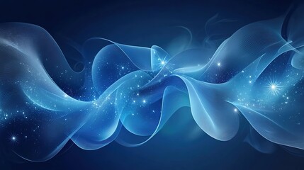 Wall Mural - Abstract blue wave-like structures with glowing stars and a cosmic effect on a dark background