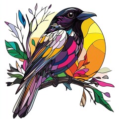 Wall Mural - Colorful stained glass-style illustration of a bird perched on a branch with vibrant leaves and a glowing sun in the background