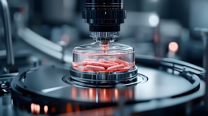 Wall Mural - Robotic machine encapsulating red capsules in a transparent container in a modern pharmaceutical manufacturing facility