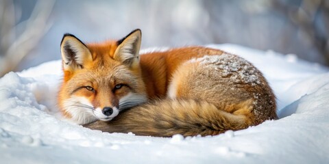 Wall Mural - Red fox curled up peacefully in snowy winter wilderness , red fox, resting, peaceful, winter, wilderness, snow, cold, wildlife