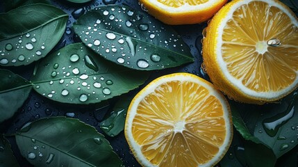 Wall Mural - Close-up of juicy lemon slices and fresh green leaves with water droplets on dark background.