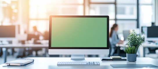 computer green screen in bright office, people working blurred.