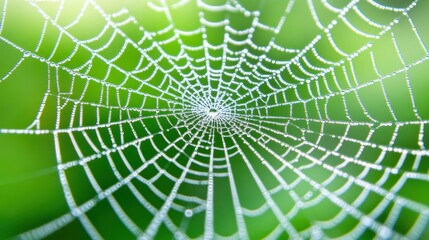 Spider web covered in dew drops, hanging in front of a blurred green background